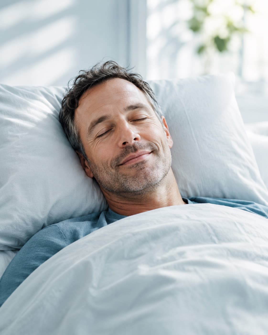 Man sleeping peacefully in bed after sleep apnea treatment